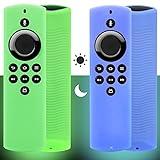 2pcs Firestick Lite Remote Cover Compatible with Fire TV Stick Remote Lite 2020 (Glow in The Dark), Pinowu Firetv Silicone Cover Case with Wrist Strap for Alexa Voice Remote lite (Green& Blue)