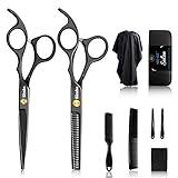 Sirabe 10 PCS Hair Cutting Scissors Set, Professional Haircut Scissors Kit with Cutting Scissors, Thinning Shears, Comb, Cape, Clips, Black Hairdressing Texturizing Shears Set for Barber, Salon, Home