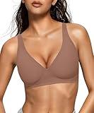 OEAK Womens Deep V Bras Wireless Comfortable Bra Supportive No Underwire Bras Tshirt Push Up Bralettes Plunge Seamless Bra Coffee M