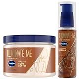 Vaseline Illuminate Me Body Butter & Body Oil - Shimmering Body Bronzer, Hydrating Whipped Organic Shea Butter with 24-Hour Moisture for Melanin-Rich Skin, Radiant Body Glow Oil (2 Piece Set)