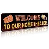 SOYAVE Movie Theater Sign, Vintage Wall Decor for Bar, Cafes Pubs, Media Room, 4x16 Inches Aluminum Metal Sign (Welcome to Our Home Theater)