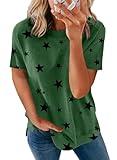 Biucly Women's Summer Casual Sexy Short Sleeve Crewneck Star Print Tee Loose Tunic Tops Soft Tshirts for Womens 2025,US 12-14(L),Green