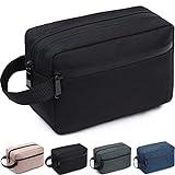 FUNSEED Travel Toiletry Bag for Women and Men, Water-resistant Shaving Bag for Toiletries Accessories, Foldable Storage Bags with Divider and Handle for Cosmetics Brushes Tools (Black)