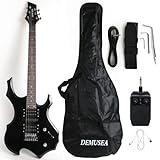 Full size electric guitar unique shape black color hsh pickup single tremolo bridge with portable 5W function bluetooth travel amplifier set for beginner starter with gig bag(BKFE-30)