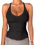 Danysu V Neck Racerback Tank Top for Women with Built in Bra Ribbed Long Tank Fitted Basic Cami Tops Black S