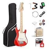 Donner 30 Inch Kids Electric Guitar Beginner Kits ST Style Mini Electric Guitar for Boys Girls with Amp, 600D Bag, Tuner, Picks, Cable, Strap, Extra Strings, DSJ-100, Red