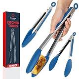 Silicone Kitchen Tongs with Silicone Tips, Set of 3 Heat Resistant Tongs for Serving Food, 7-Inch, 9-Inch, 12-Inch Locking Silicone Tongs for Cooking Tongs, Salad Tongs, Blue Kitchen Utensils