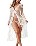 Avidlove Lace Kimono Lingerie Sexy Robe Gown Dress See-Through Coverup Babydoll White S