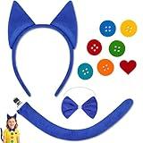 Blue Cat Costume Set for Kids & Adults – Halloween Dress Up Outfit with Cat Ear Headband, Bow Tie, Tail & Colorful Button Stickers – Storybook Character Cosplay Party Supplies
