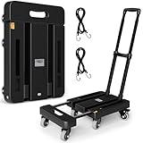 Folding Hand Truck, 500 LB Heavy Duty Luggage Cart, Utility Dolly Platform Cart with 6 Wheels & 2 Elastic Ropes for Luggage, Travel, Moving, Shopping, Office Use, Black