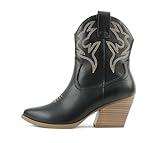 Soda “BLAZING” ~ Women Western Stitched Pointe Toe Low Heel High Top Ankle Shaft Boot Bootie (BLACK PU, us_footwear_size_system, adult, women, numeric, medium, numeric_7)