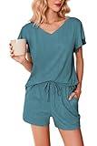 Ekouaer Women's Pajamas Set Ruffle Sleeves Sleepwear V Neck Comfy 2 Piece Pjs Loungewear Set with Pockets Blue Green Medium
