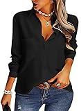 AISEW Womens Casual Button Down Shirts V Neck Chiffon Long Sleeve Collared Office Work Blouses Tops with Pocket (Black, Large)