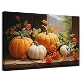 Vintage Pumpkin Canvas Wall Art Fall Pictures Halloween Maple Leaf Autumn Decor Thanksgiving Wall Prints Rustic Framed Wall Decor Modern Artwork for Living Room Kitchen Bedroom Home Decorations 32x48”