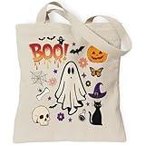 TOTEUSVIA Halloween Doodle Tote Bag, Halloween Ghost Pumpkin Canvas Bag, Spooky Season Trick or Treat Bag