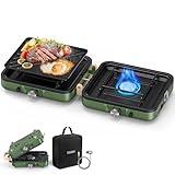 OGERY 2-Burner Foldable Camping Stove with Griddle (Textured & Smooth) and Carrying Bag, Portable Propane Camp Stove with 2 Adjustable Burners & Piezo Ignition, for Camping Tailgating Essentials Gear