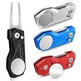 Mile High Life 4 Pieces Golf Divot Repair Tool w Magnetic Golf Ball Marker | All Metal Foldable Divot Tool w Pop-up Button | Golf Accessories for Men(Black/Silver/Red/Blue)