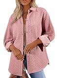 Astylish Womens Fall Fashion 2024 Clothes Winter Jackets Knit Shacket Long Lantern Sleeve Button Up Shirts V Neck Soft Oversized Cable Textured Cute Tops Sepia Rose Large