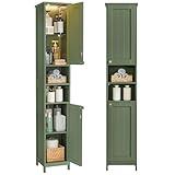 VASAGLE Tall Bathroom Cabinet with Lights, Slim Freestanding Bathroom Storage Cabinet with Adjustable Shelves, for Small Spaces, Modern, 11.8 Inches Wide, Forest Green UBBC566C01