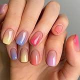 24Pcs Hort Press on Nails French Tip Fake Nails Square Shape Glue on Nails Gradient Colorful Acrylic Nails Cute Full Cover False Nails Glossy Stick on Nails Rainbow Artificial Nails for Women Girls