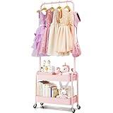 KINGRACK Kids Clothing Rack, Small Clothes Rack with Metal Basket, Wardrobe Rack with Wheels, Child Rolling Garment Rack Storage for Clothes, Coats, Skirts, Pink