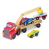 Melissa & Doug Magnetic Car Loader Wooden Toy Set With 4 Cars and 1 Semi-Trailer Truck