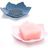 Soap Dishes with Draining, Bathroom Bar Soap Holder for Shower, Soap Tray for Kitchen Sink, Silicone Flower Shape Soap Saver for Counter, Bathtub. Extend Soap Life, Easy Dry (2 Pack, Pink + Blue)