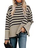 ZESICA Women's Winter Sweaters Casual Turtleneck Long Sleeve Striped Side Slit Loose Pullover Sweater Jumper Tops,Oats,Small