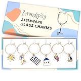 Greek Wine Glass Charms, Gift for Greeks, Greece Inspired Glass Identifiers, Set Include 6 charms: Greek Flag, Santorini Chapel, Sun, Sunbed, Boat and Grape, Greek Woman Gift