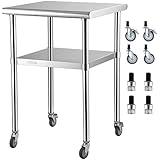 VEVOR Stainless Steel Prep Table, 24 x 24 x 33.5 Inch, 600lbs Load Capacity Heavy Duty Metal Worktable with Adjustable Undershelf & Universal Wheels, Commercial Workstation for Kitchen Garage Backyard