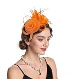 SAFERIN Fascinator for Women Hair Clip Hat Bowler Feather Flower Veil Wedding Party Tea Hat (US, Alpha, Medium, M-Orange)