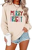 Merry Christmas Sweatshirts Women Merry And Bright Christmas Pullover Top Chenille Patch Letter Printed Xmas Gifts Top Apricot