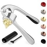Zulay Kitchen Premium Garlic Press Set - Rust Proof & Dishwasher Safe Professional Garlic Mincer Tool - Easy-Squeeze, Easy-Clean with Soft, Ergonomic Handle - Silicone Garlic Peeler & Brush (Chrome)