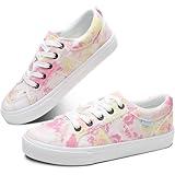 Obtaom Women's White Play Fashion Sneakers Cute Canvas Sneakers Low Top Washed Canvas Shoes for Lady Comfortable Walking Flats(Multi White Pink,US7)