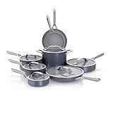 Ninja NeverStick Ceramic Pro 14-Piece Cookware Set, Non-Stick Pots & Pans Set with Glass Lids, Ceramic Coated, Stainless Steel, Stove to Oven Safe, All Stovetops & Induction Compatible, Blue CW39014MM