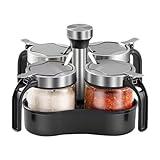 TINMIX Revolving Condiment Pots Sugar Bowl Salt & Pepper Cellar with Lid and Spoon, Set of 4 Seasoning Box Spice Jar with 360 Rotating Holder Tray for Kitchen, 4 Pots