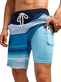 SILKWORLD Mens Swim Trunks with Compression Liner Quick Dry Split-Leg Swimsuit Swimwear Men's Shorts Bathing Suit,Blue and White Stripes,Small