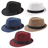 Ultrafun 5 Pack Short Brim Fedora Classic Summer Beach Sun Hat Panama Straw Cap for Men Women (Medium, 5Pack-Black+White+Khaki+Blue+Wine Red)