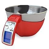 Fradel Digital Kitchen Food Scale & Mixing Bowl - Measuring Cup Scale in Grams & Ounces for Cooking, Baking, Diet, Gifting - Stainless Steel, Dishwasher-Safe Removable Bowl - 11lb Capacity - Red