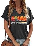 Womens Fall Tree V Neck Shirt Fall is My Favorite Color Letter Printed Short Sleeve Tee Thanksgiving Autumn Season Nature Graphic Tops(XXL,H-Grey-1)