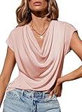 EVALESS Womens Spring Fashion 2025 Womens Tops Business Casual Outfits Trendy Blouses Teacher Shirts Short Sleeve Summer Tops Cute Cowl Neck Blouses Dressy Work Pink Shirts Office Clothes, Medium