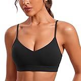 CRZ YOGA Butterluxe V-Neck Sports Bras for Women - Adjustable Thin Straps Padded Yoga Top Basic Wireless Camisole Black Medium
