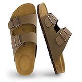 CUSHIONAIRE Lane Cork Footbed Mens Sandals, Adjustable Buckle Comfort Slides for Men, Genuine Leather Insole Summer Sandals Men Footwear with Supportive EVA Sole, BROWN 9