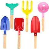 Beach Toys for Kids, 6Pcs 8'' Kids Gardening Tools Sand Toys Set, Metal Garden Tools with Sturdy Wooden Handle, Cylinder, Spoon, Fork, Rake, Flat & Pointed Shovel, Gifts for Children