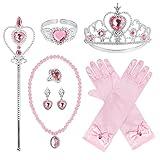 Princess Dress Up Party Accessories for Princess Costume Gloves Tiara Wand Necklace Earrings Bracelet and Ring Gift Set 9pcs (Pink, Set of 7, 9pcs)