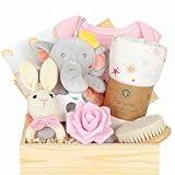 iAOVUEBY Baby Girl Gifts, Baby Shower Gifts for Girls, Baby Gift Set for Newborn Girl Essentials, Wooden Baby Gift Basket Swaddle Blanket Rattle Toy Onesie Infant Hair Brush