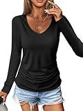 Micticsi Womens V Neck Long Sleeve Shirts for Women Ruched Tops Casual Tshirts Fall Winter Tops 2024 Black