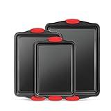 BAKKEN Cookie Sheets for Baking Nonstick Set - 3-Piece Stackable Carbon Steel Baking Sheet Pans Set with Silicone Handles, Non Toxic Cookie Sheets for Baking Bakeware Set - Black