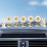 Kurilai 7pcs Cute Car Rearview Mirror Accessories, Funny Bunny Car Ornament, Shaking Spring Transparent Sunflower Car Dashboard Decoration, Rabbit Car Interior Decor Festival Car Present for Men Women