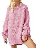 Saodimallsu Womens Oversized Sweater 2024 Fall Trendy Fuzzy Crew Neck Long Sleeve Casual Tunic Sweaters Pink